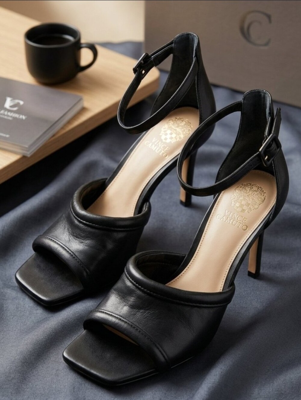 Vince Camuto Black Leather Square-Toe Slingback Heels